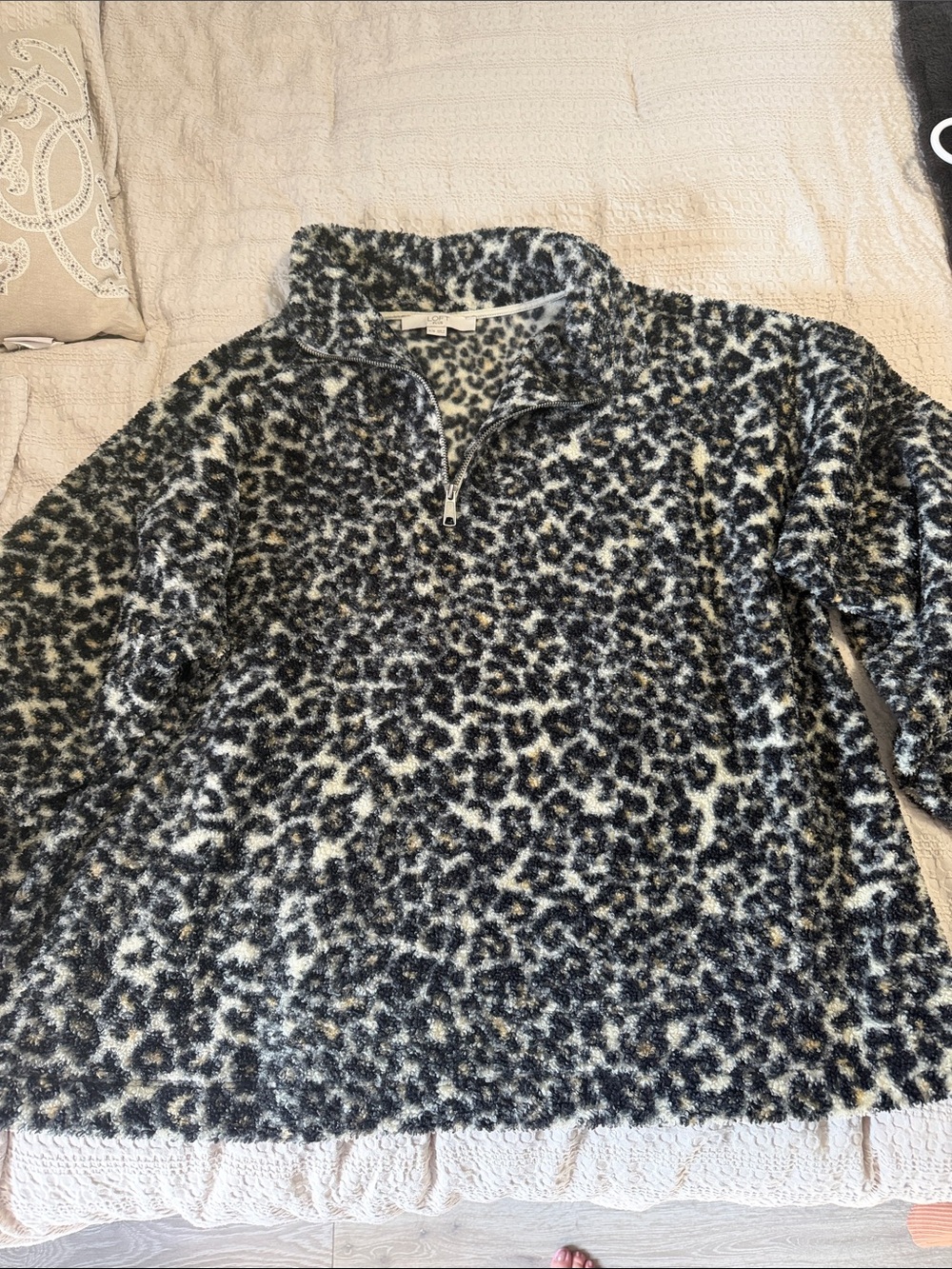 LOFT Kids Plush Leopard Half-Zip Pullover - Black & White